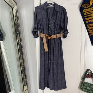 Zara Blue Linen Blend Midi Dress with Tan Belt